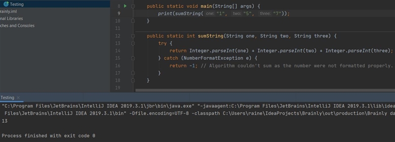 Write a method that takes three numerical String values and sums their values. For-example-1