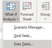 Which option represents the location of the Data Table function? Insert Tab and Tables-example-1