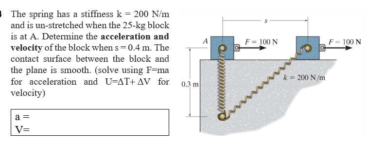 The spring has a stiffness k=200 N/m and is unstretched when the 25 kg block is at-example-1