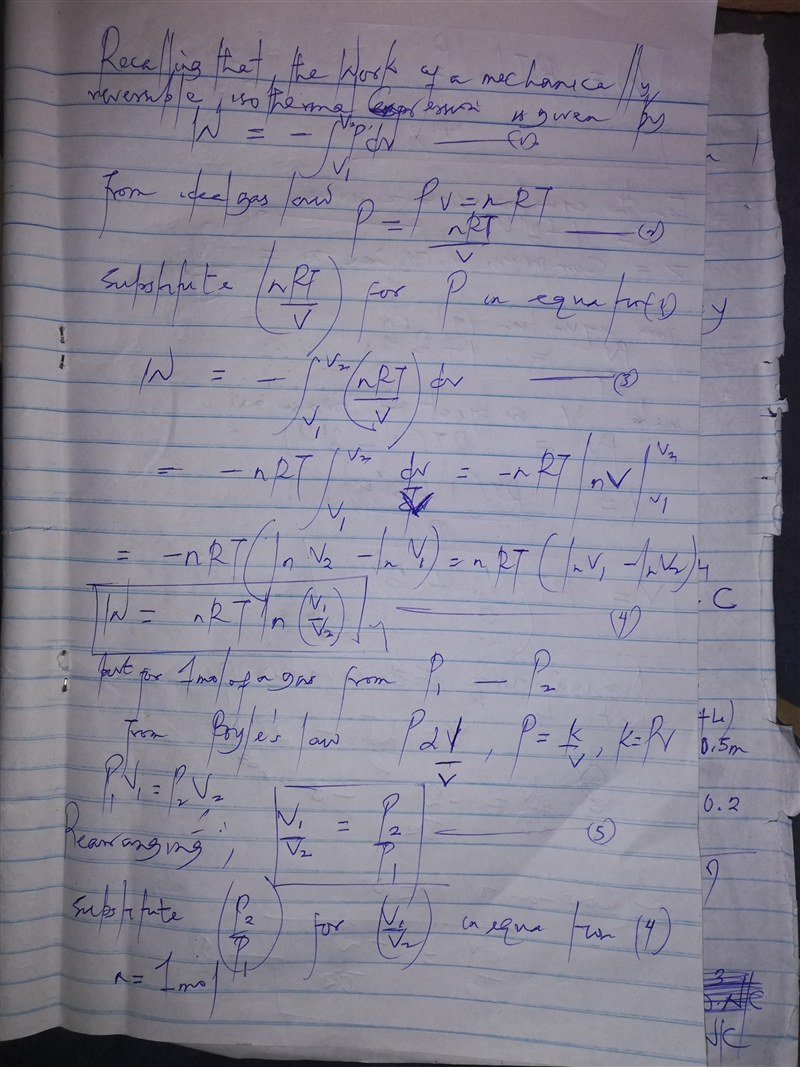 Derive an equation for the work of a mechanically reversible, isothermal compression-example-2