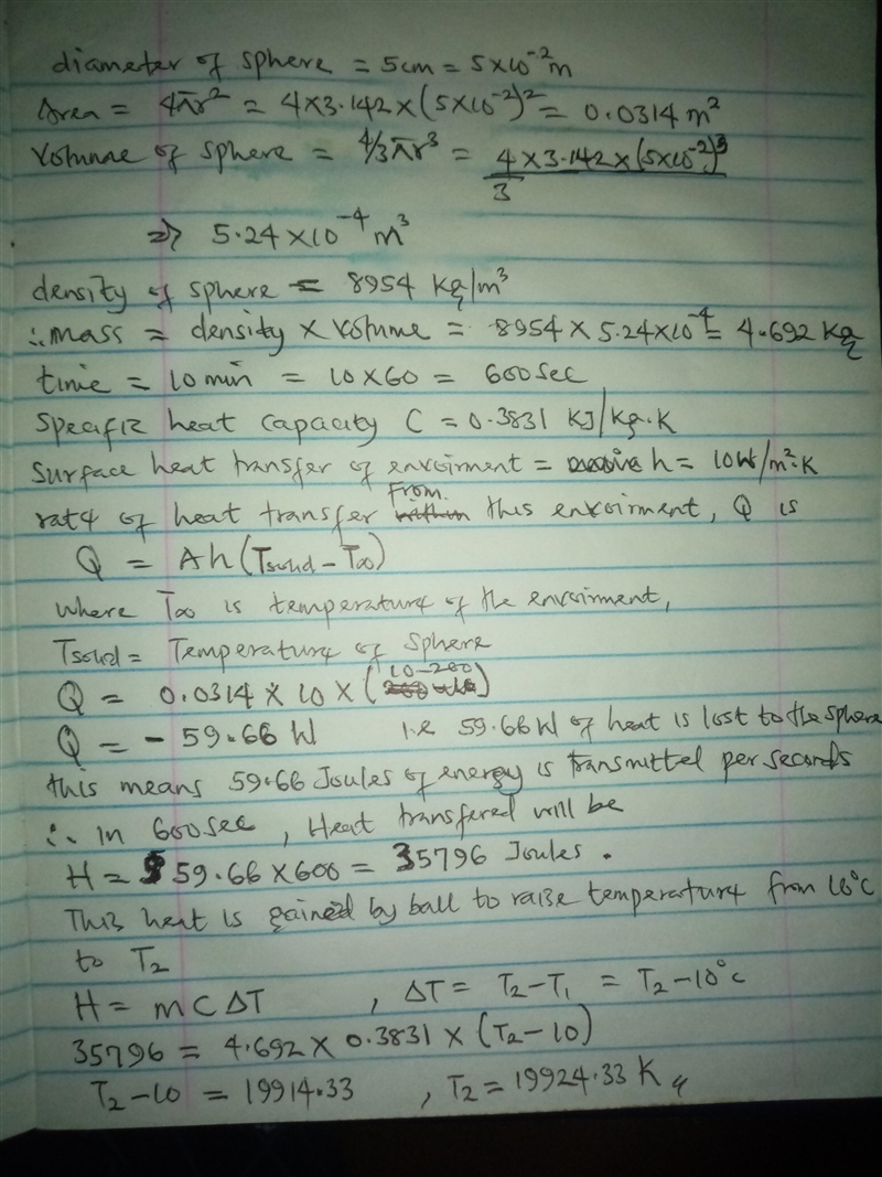 A 5cm diameter copper sphere (of density = 8954 kg/m3, specific heat capacity = 0.3831 kJ-example-1