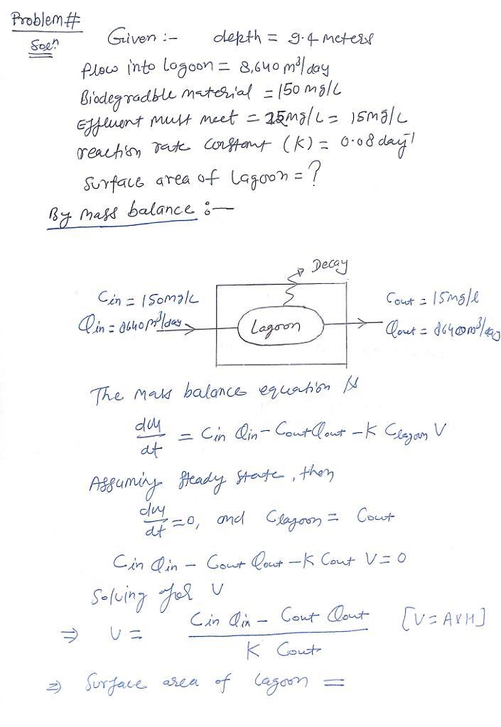 Given an aerated lagoon with a depth of 9.4 meters receives wastes containing 15 mg-example-1