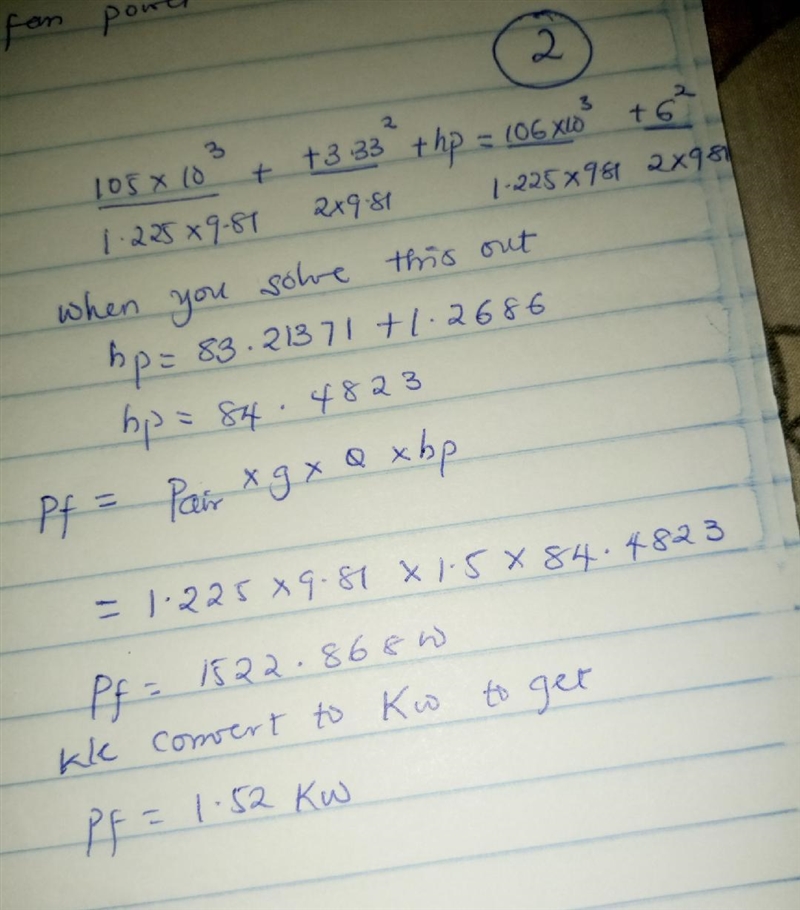 What is the fan power required to increase the pressure of air flowing in a duct from-example-2