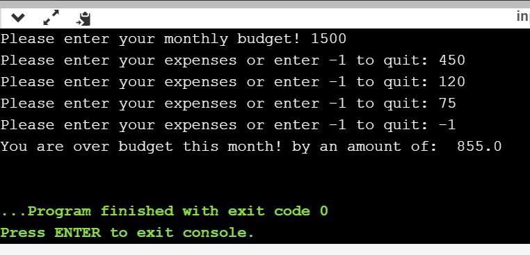 Write a python program thast asks the user to enter the budget #amount for the month-example-1