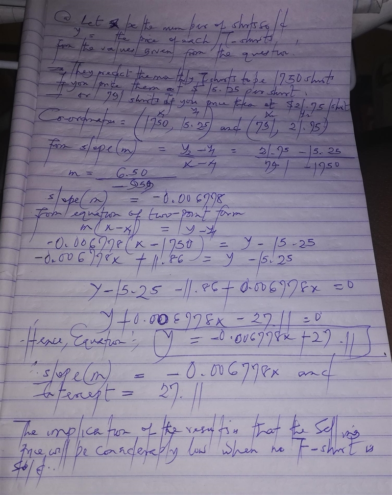 Write a linear equation expressing the number of t-shirts sold each month as a function-example-1