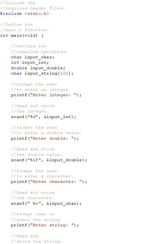 Prompt the user to input an integer, a double, a character, and a string, storing-example-1