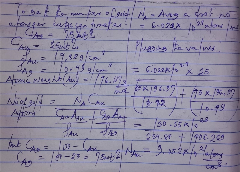 Gold forms a substitutional solid solution with silver. Compute the number of gold-example-1