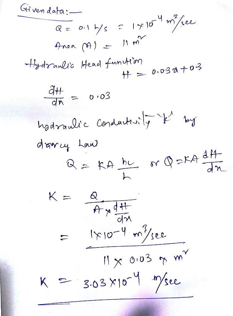 Some soil has a discharge rate of 0.1 L/s, an area of 11 m2, and a hydraulic head-example-1