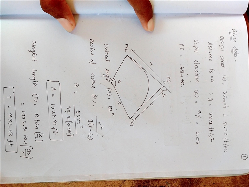 A horizontal curve is designed for 35 mi/h with a central angle of 85 degrees. The-example-1