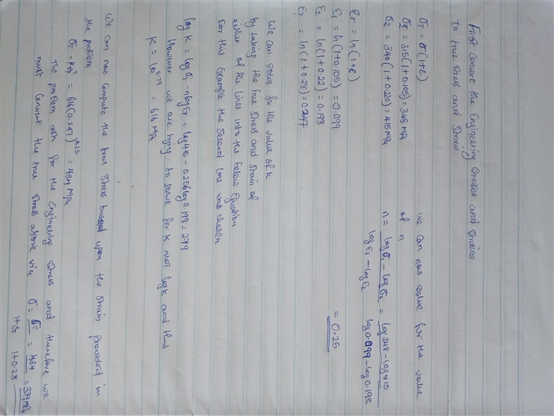 For a brass alloy, the following engineering stresses produce the corresponding plastic-example-1