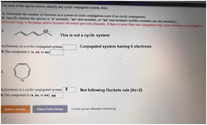 For each of the species below, identify any cyclic conjugated system, then: A. Determine-example-1