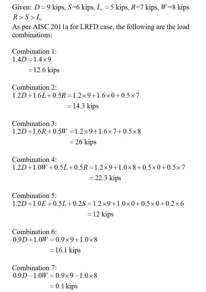 A column in a building is subjected to the following load effects: 9 kips compression-example-1