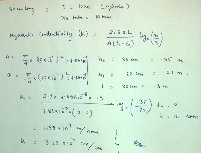 A 30cm long field sample is tested in a falling head permeameter with a 10 cm diameter-example-1