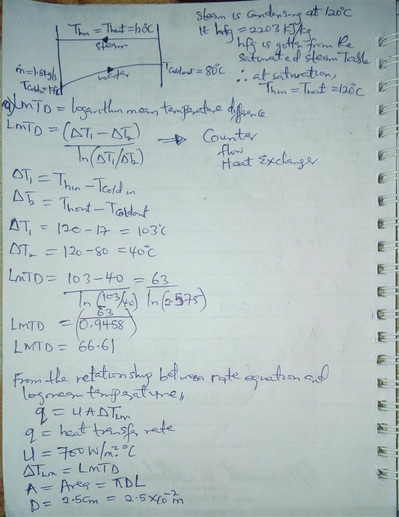 Water (cp = 4180 J/kg·°C) enters the 2.5 cm internal diameter tube of a double-pipe-example-1