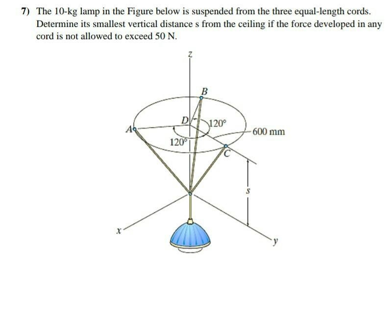 The 10-kg lamp is suspended from the three equal-length cords. Determine its smallest-example-1