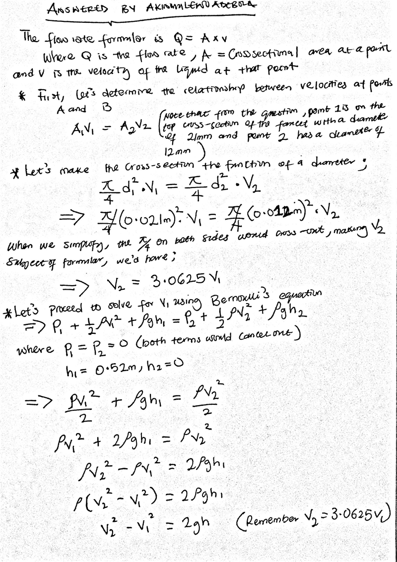 he circular stream of water from a faucet is observed to taper from a diameter of-example-1