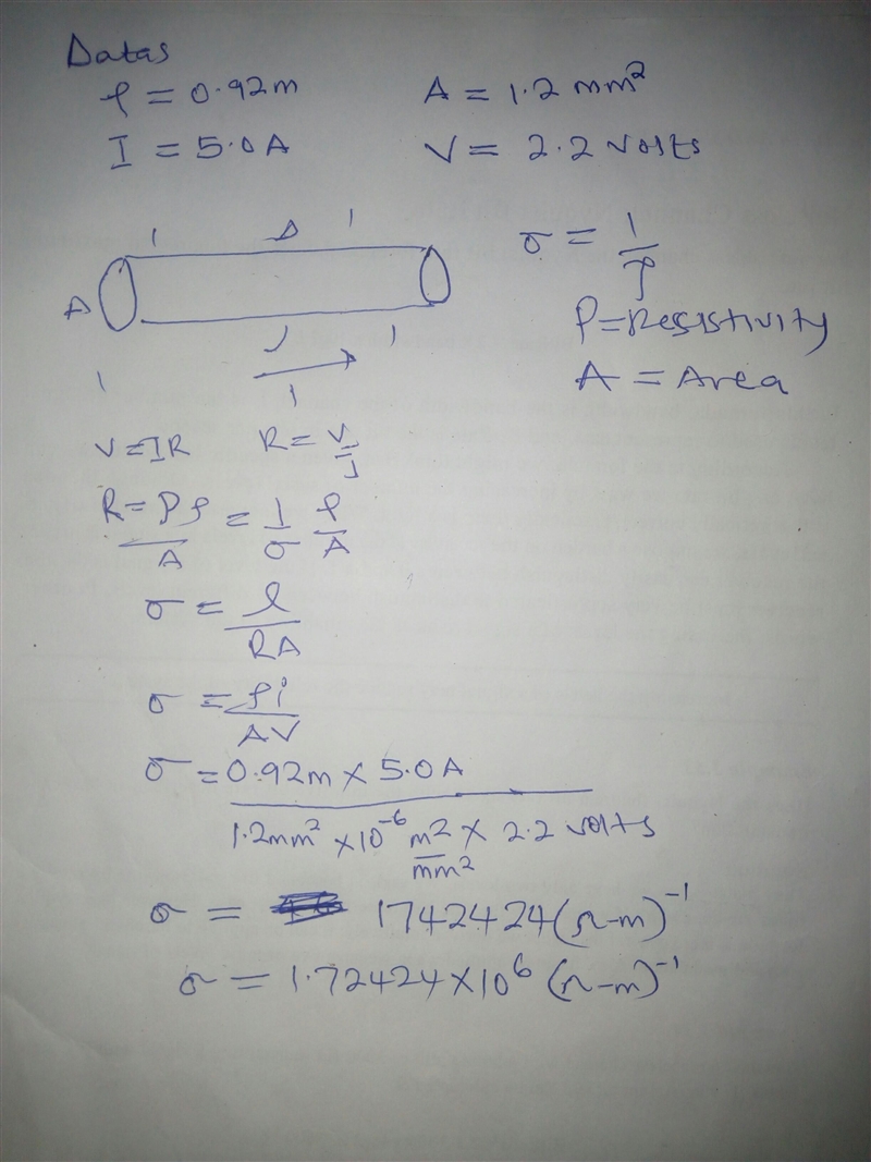 A wire is 0.92 m long and 1.2 mm2 in cross-sectional area. It carries a current of-example-1