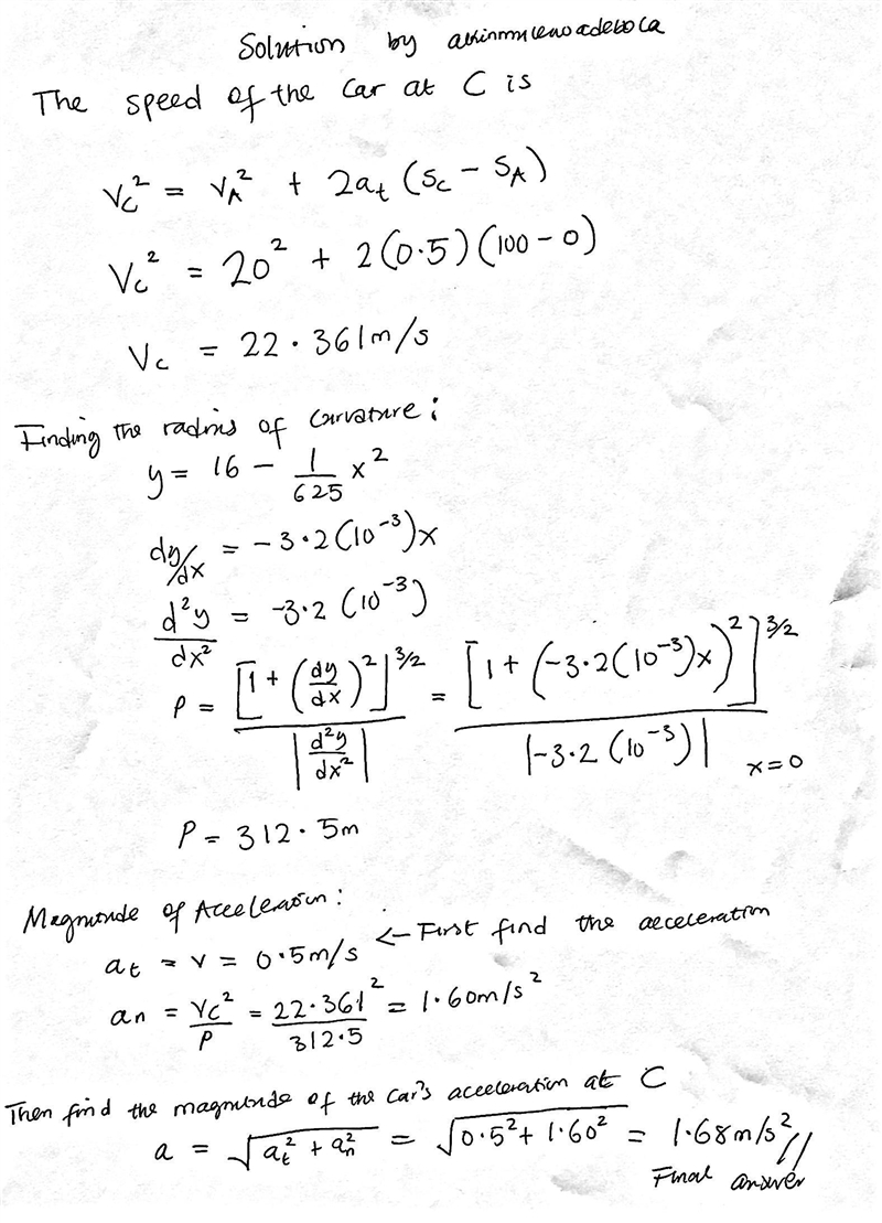 If the car passes point A with a speed of 20 m>s and begins to increase its speed-example-1