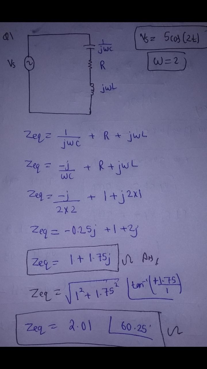 Find the equivalent impedance Zeq seen by the source when Vs = 5 cos (2t) v, C = 2 F-example-1