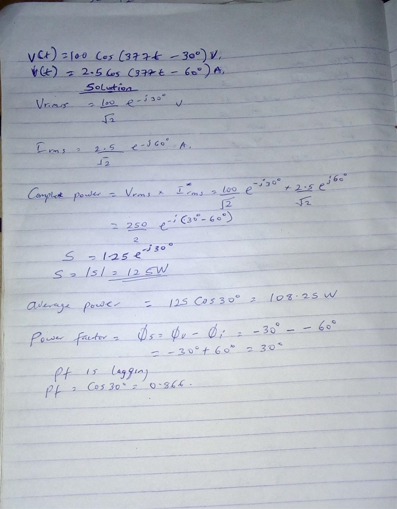 Determine the average power, complex power and power factor (including whether it-example-1