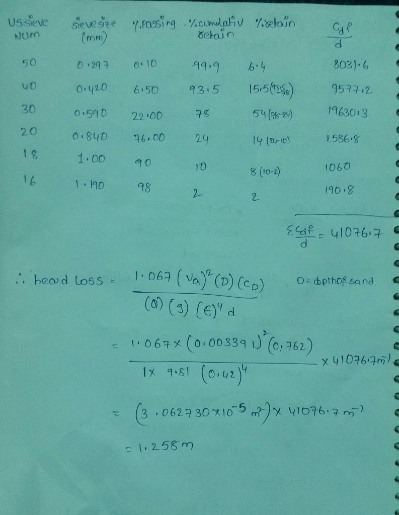 Calculate the headloss through a filter bed consisting of 30.0 in. of stratified sand-example-1