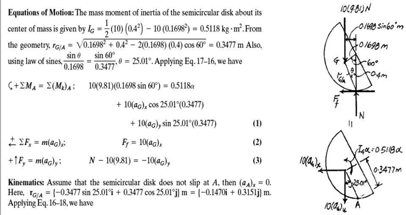 The 10-kg semicircular disk (kG = 0.23 m) has w = 4 rad/s when ϴ = 60°. Find the normal-example-1