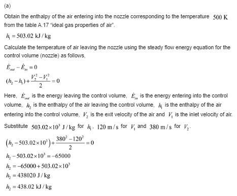 Air at 620 kPa and 500 K enters an adiabatic nozzle that has an inlet-to-exit area-example-1