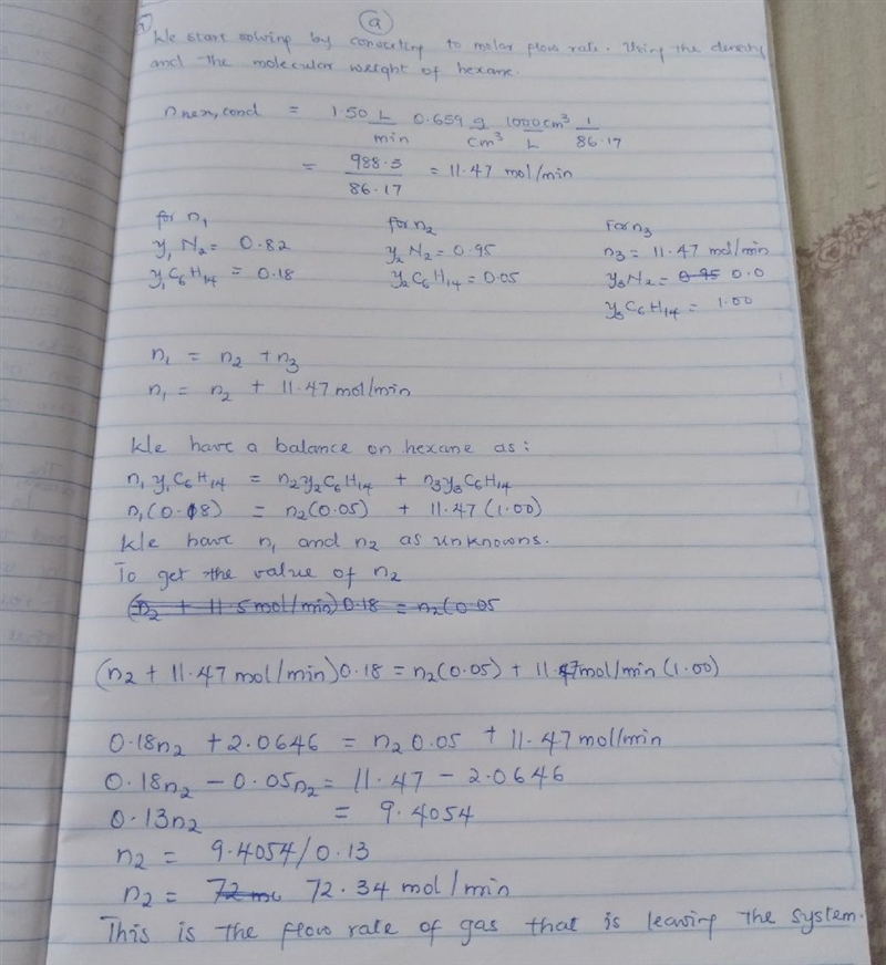 A gas stream contains 18.0 mole% hexane and the remainder nitrogen. The stream flows-example-1