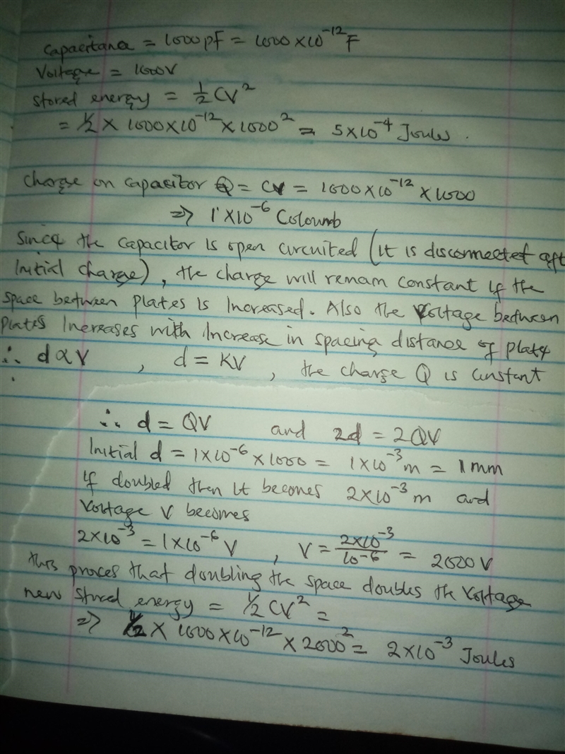 Suppose that we have a 1000 pF parallel-plate capacitor with air dielectric charged-example-1