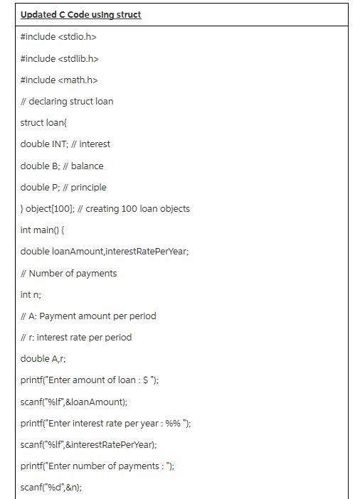 Implement this C program by defining a structure for each payment. The structure should-example-1