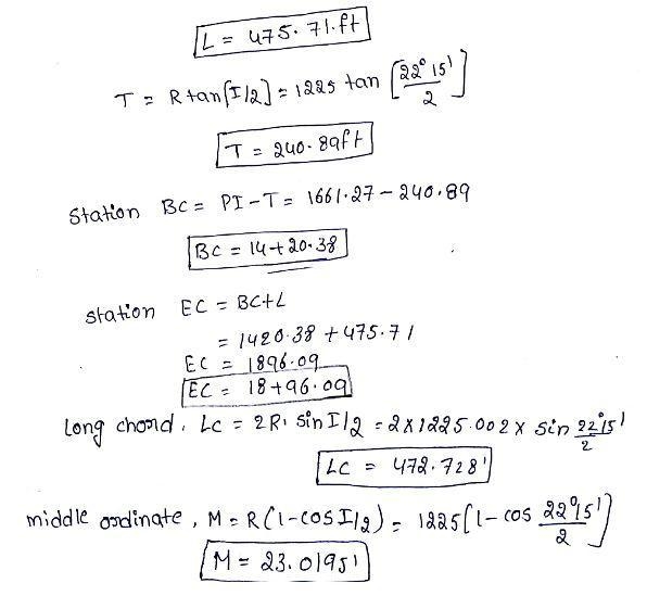 Compute L, T, M, LC, and R and stations of the BC and EC for the circular curve with-example-2