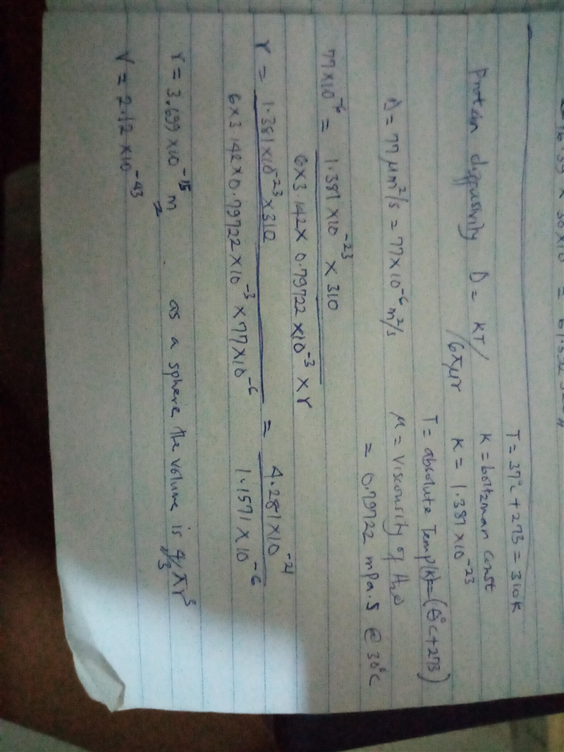 The diffusivity of human insulin is 77 µm2 /s in water at 37◦ C. Assuming the protein-example-1