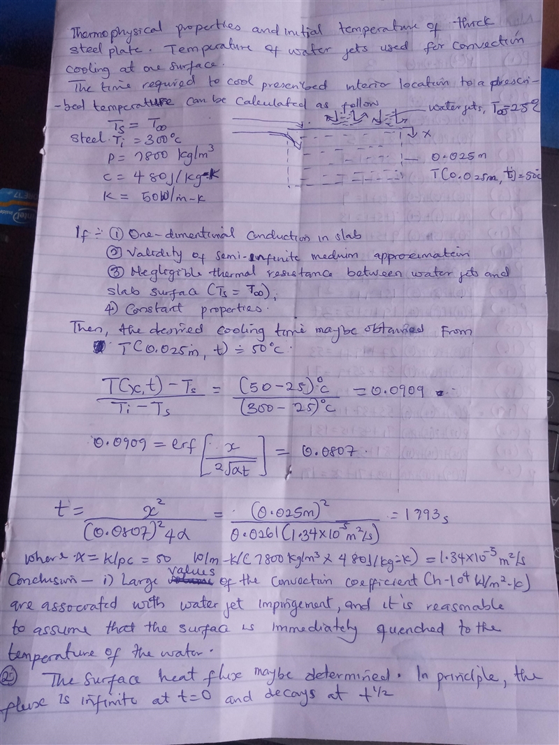 A thick steel slab (rho = 7800 kg/m3 , c = 480 J/kgÂ·K, k = 50 W/mÂ·K) is initially-example-1