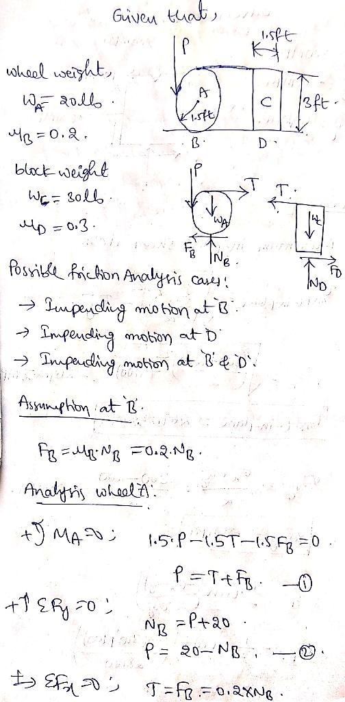 The wheel weighs 20 lb and rests on a surface for which μB = 0.2. A cord wrapped around-example-1