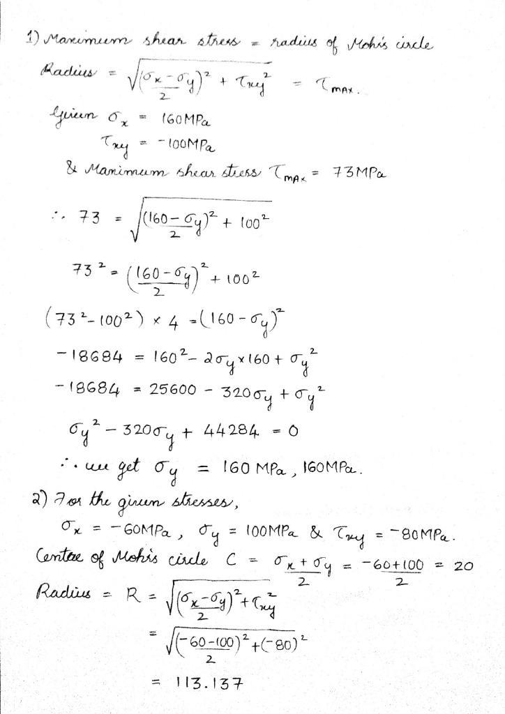 g A plane stress element has components sigma x = 160 MPa, tau xy = 100 MPa (CW). Determine-example-1