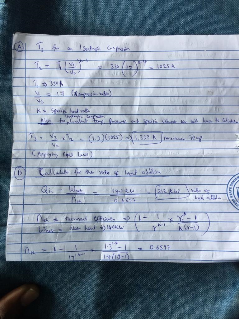 An ideal Diesel cycle has a compression ratio of 17 and a cutoff ratio of 1.3. Determine-example-1