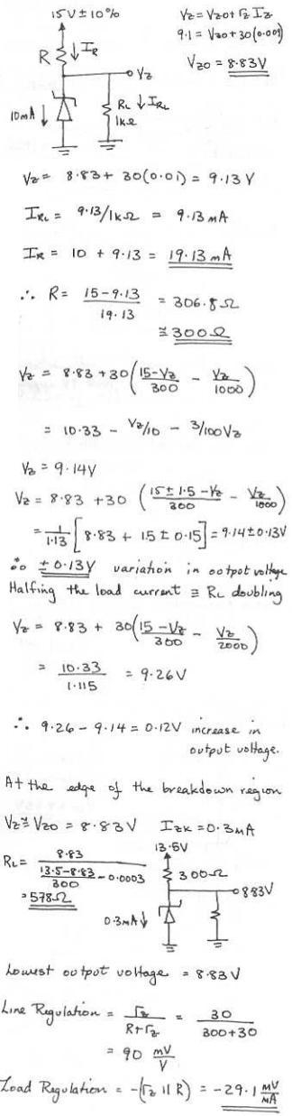 A Zener shunt regulator employs a 9.1V Zener diode for which Vz=9.1V at Iz=9mA, with-example-1