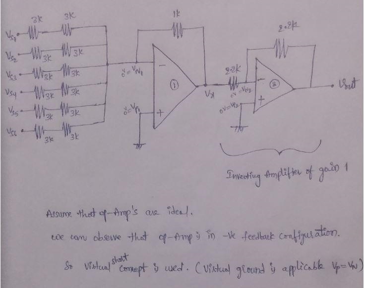 Design an op amp circuit to average the input of six sensors used to measure temperature-example-1