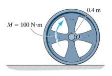 The 15 kg wheel has a radius of gyration about its center O of kO = 300 mm. When the-example-1