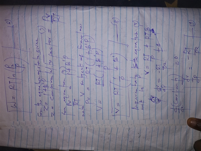 Derive an equation for the work of a mechanically reversible, isothermal compression-example-1