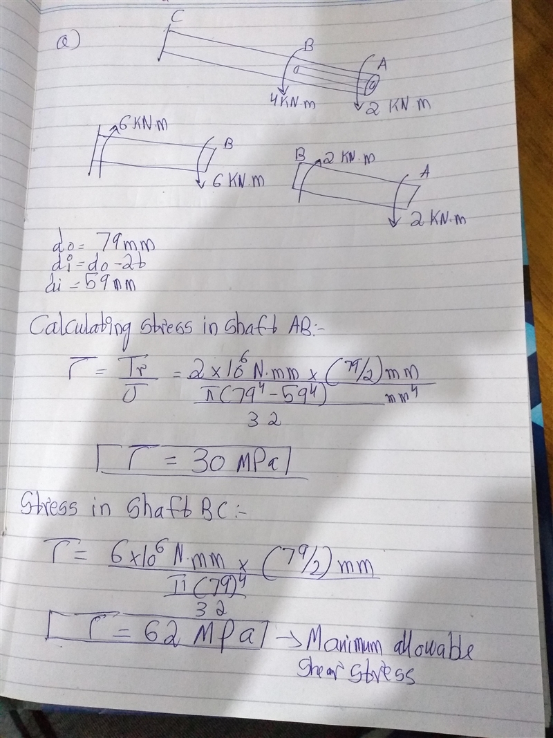 The shaft is hollow from A to B and solid from B to C. The shaft has an outer diameter-example-2