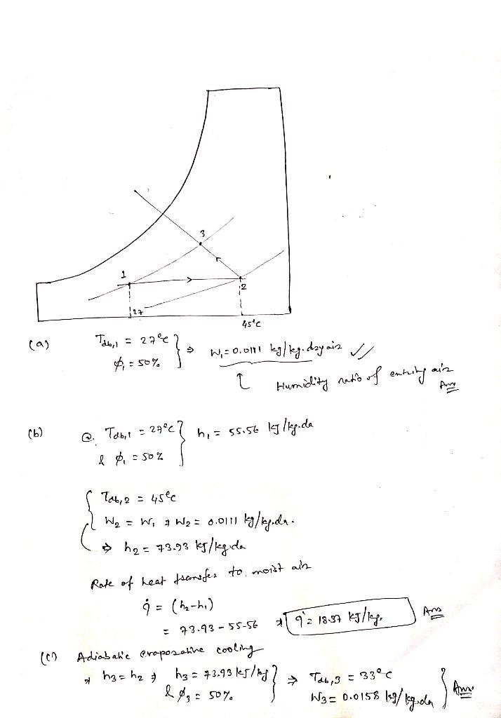 Moist air at 27 deg C, 1atm, and 50% relative humidity enters an evaporative cooling-example-1