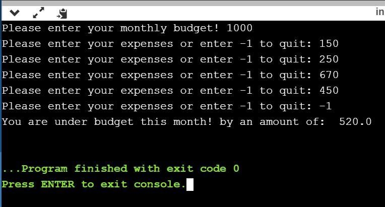 Write a python program thast asks the user to enter the budget #amount for the month-example-2