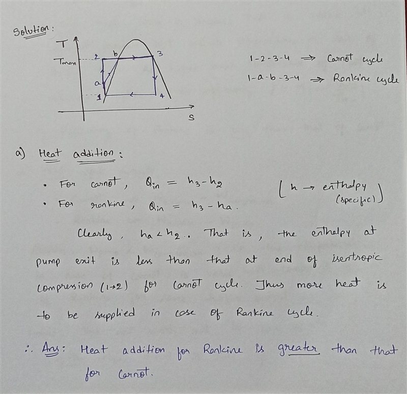 Consider two cycles: one is the ideal Carnot cycle and the other is the ideal Rankine-example-1