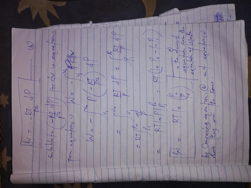 Derive an equation for the work of a mechanically reversible, isothermal compression-example-3