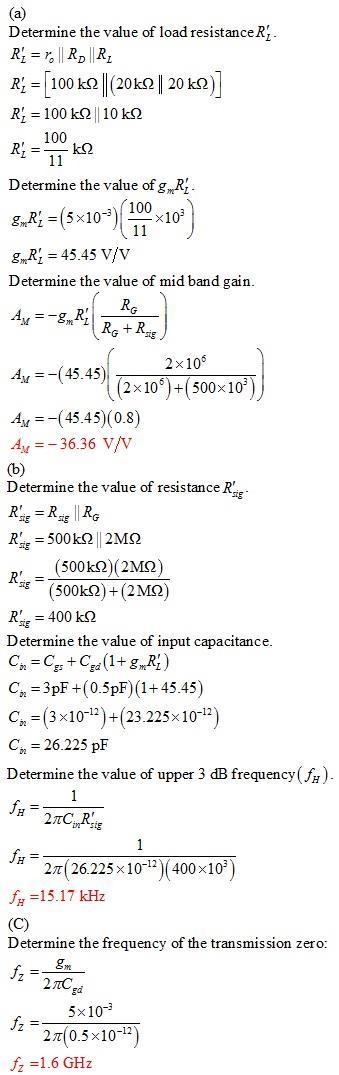 A discrete MOSFET common-source amplifier has RG = 2 MΩ, gm = 5 mA/V, ro = 100 kΩ, RD-example-1