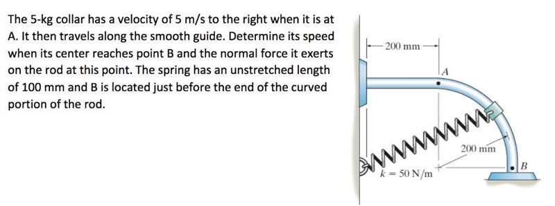 The 5-kg collar has a velocity of 5 m>s to the right when it is at A. It then travels-example-1