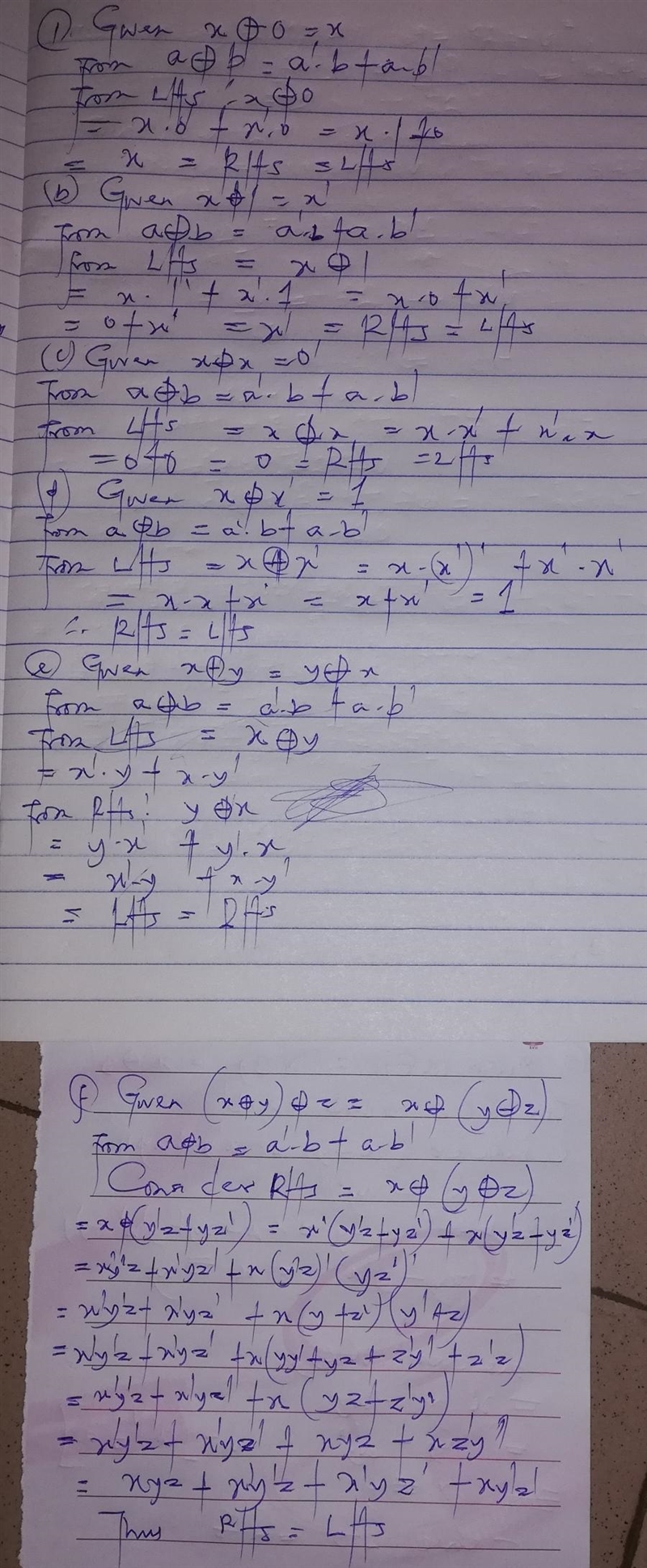 Algebraically prove identities involving the exclusive-OR operation: (a) x ⊕ 0 = x-example-1