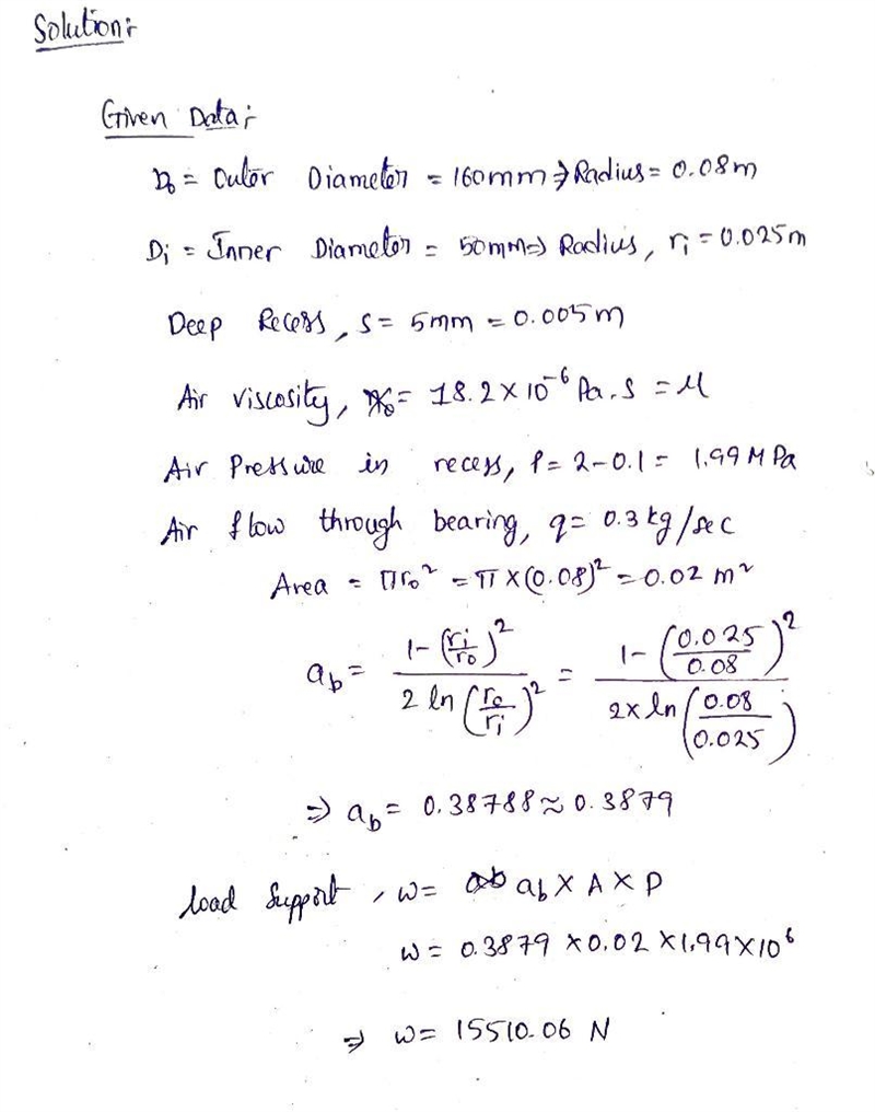 Problem 2. A flat, circular hydrostatic air bearing has an outer diameter of 160 mm-example-2