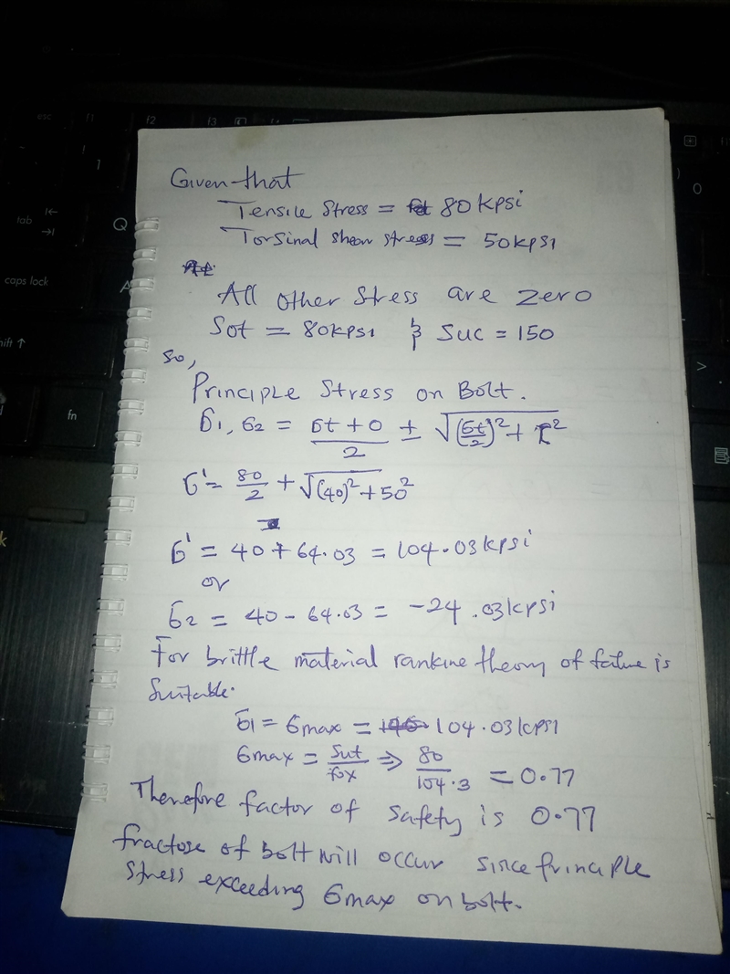 A bolt is tightened, subjecting its shank to a tensile stress of 80 kpsi and a torsional-example-1